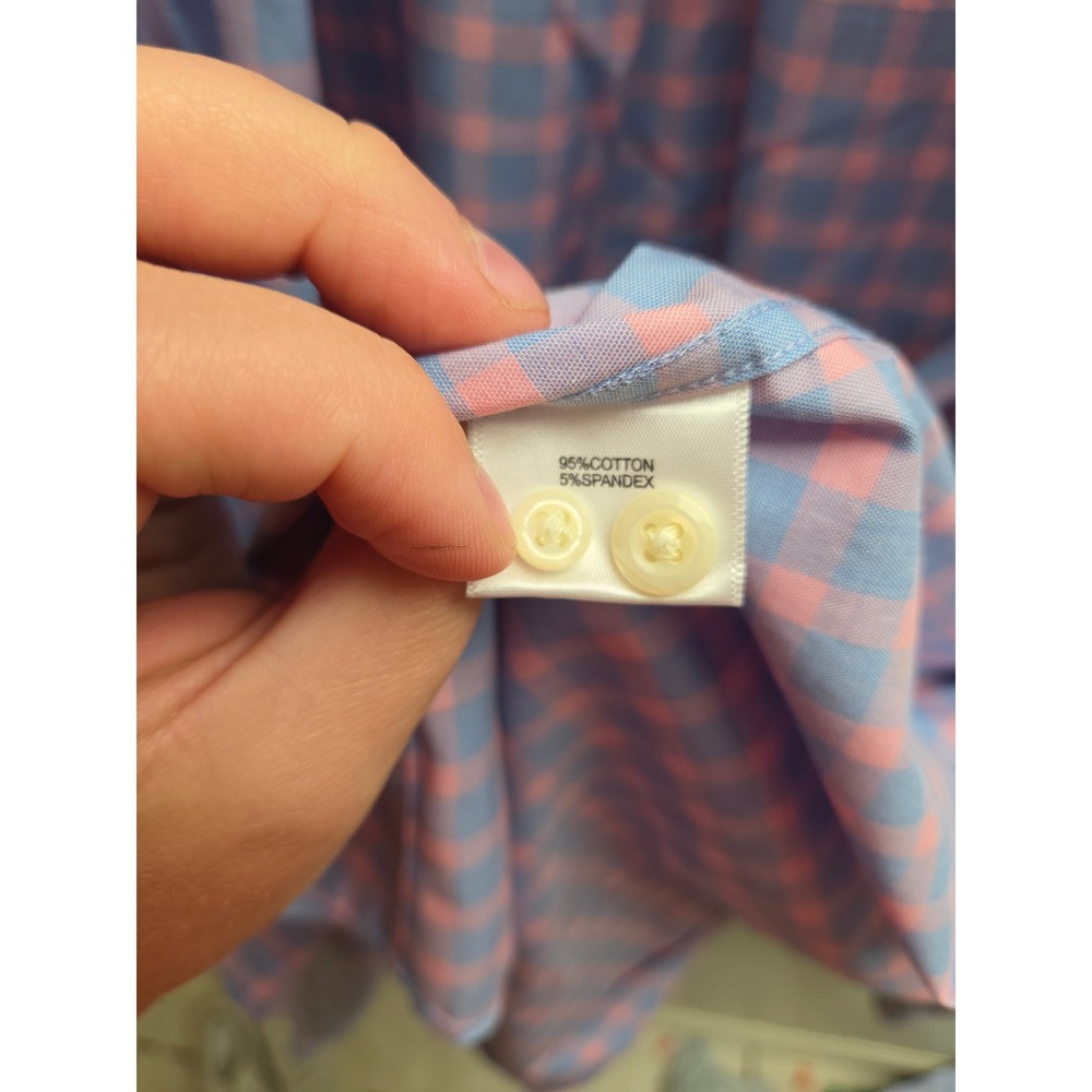 Peter Millar Mens Large Gingham Button Down Shirt Pink Blue Cotton Stretch L - Picture 3 of 9